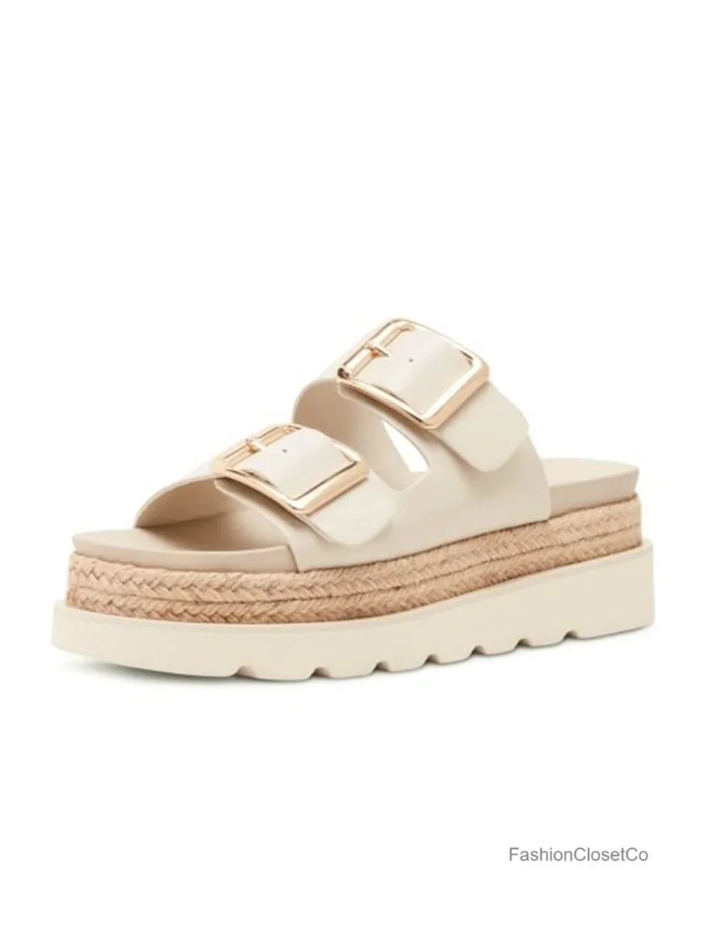 Raffia and Synthetic Platform Sandals with Buckle - Comfortable Summer Slide